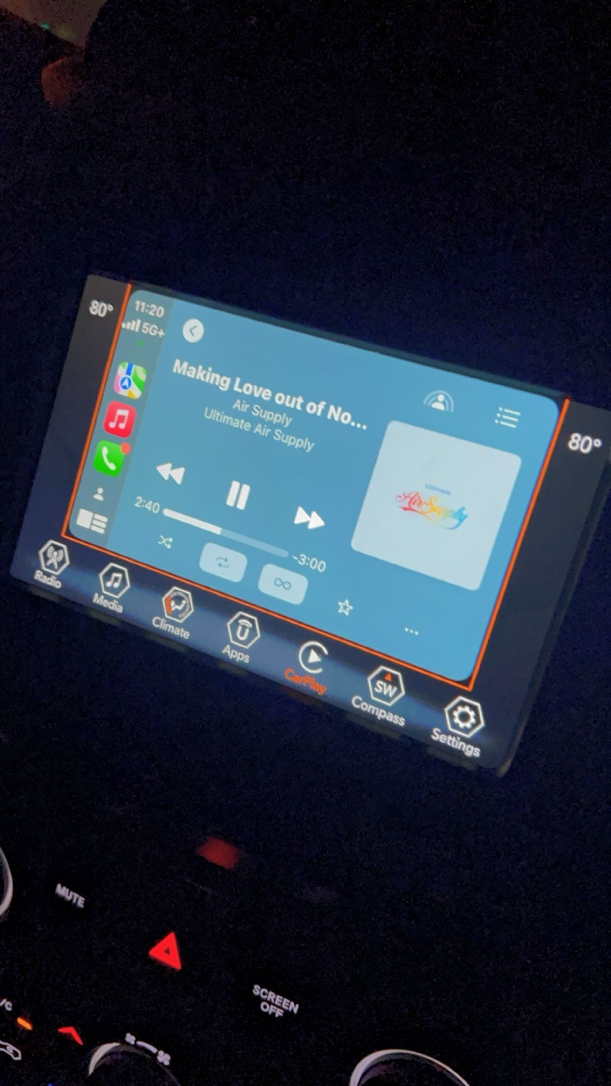 photo of andrea valdez's media screen on her car playing making love our of nothing at all by air supply