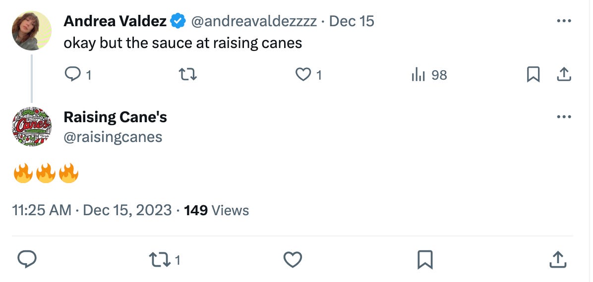screenshot of a tweet from andrea valdez and a reply from raising canes