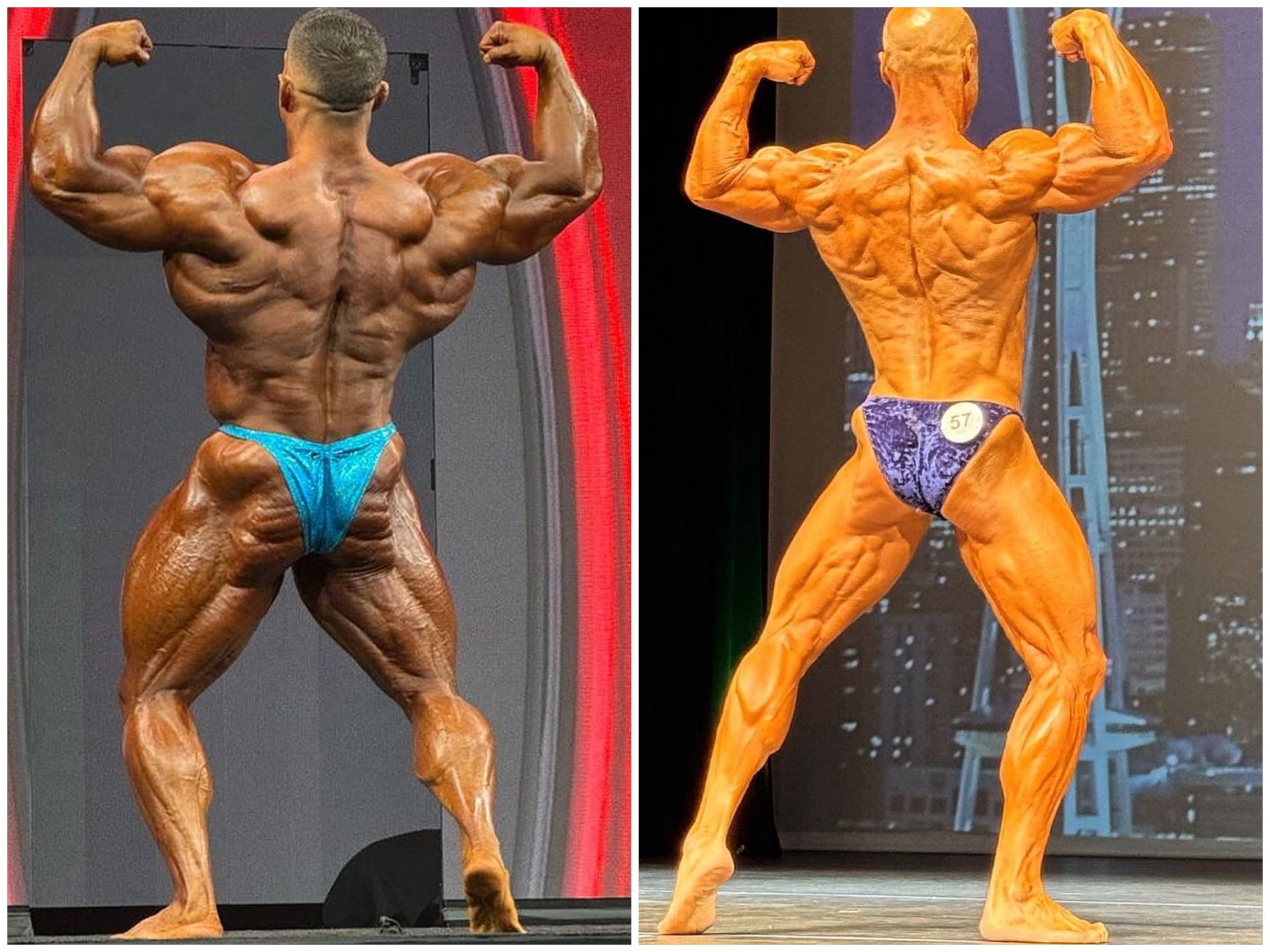 derek lunsford and jeff alberts both hitting a back double bicep pose at bodybuilding competitions