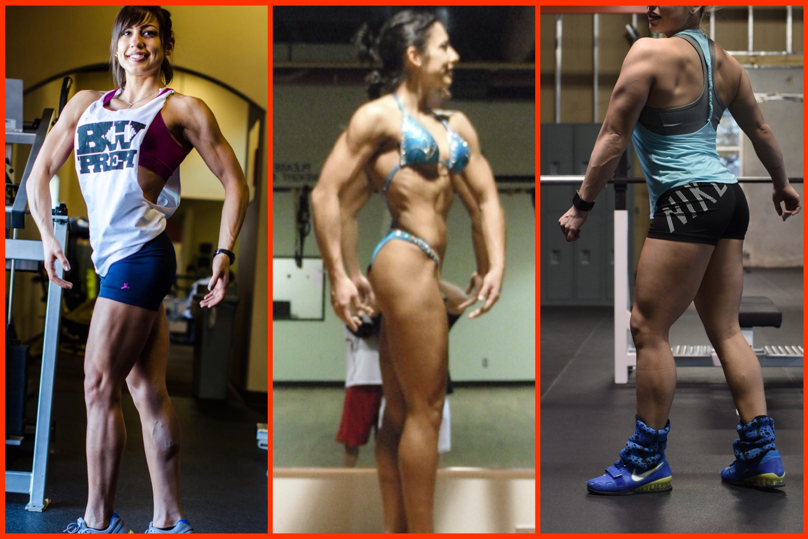 3 photos of andrea valdez's physique while lifting weights for muscular size and strength